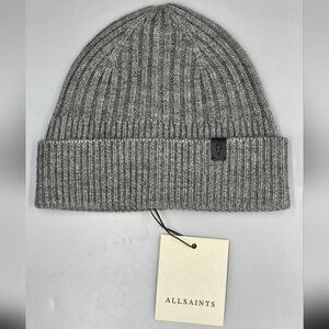 AllSaints Rib Knit Wool Blend Beanie Hat Grey Marl Winter Spring